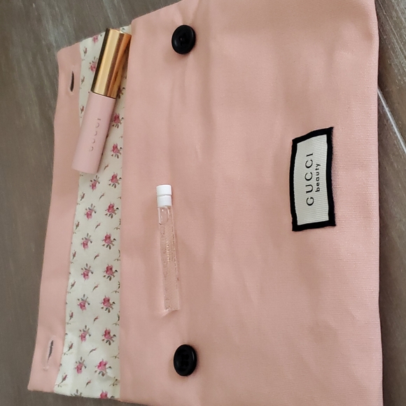 New never used GUCCI pink/peach cotton clutch button pouch bag w/floral interior - Picture 6 of 6